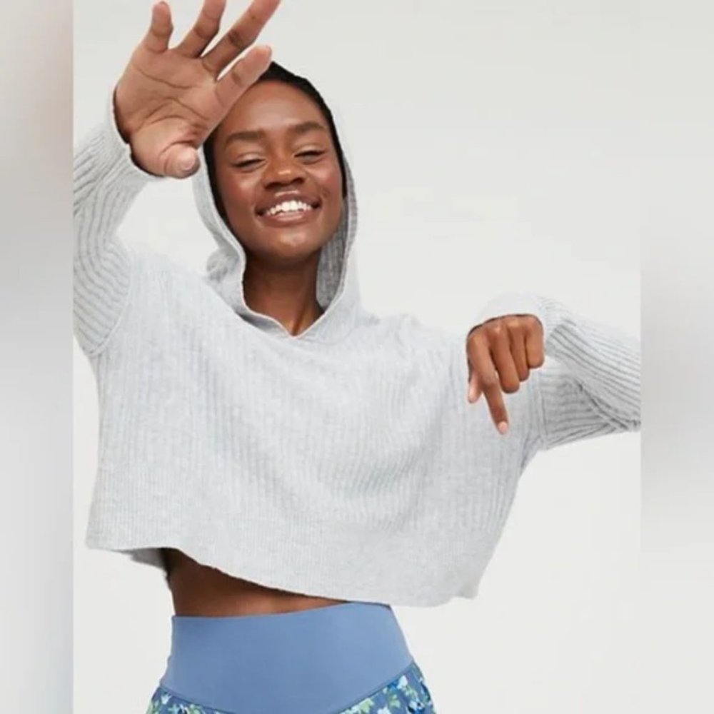 Aerie Offline Ribbed Cropped Hoodie Sweater Pullover Light Gray Size Large